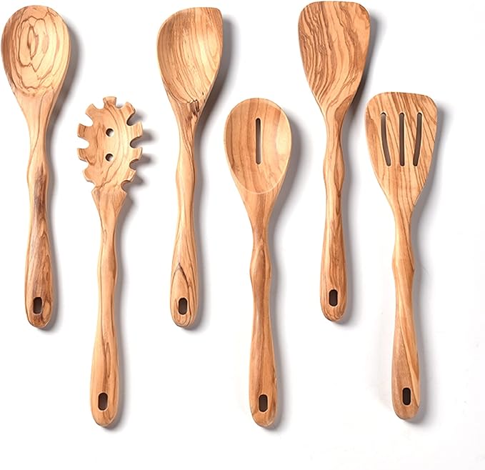Gudamaye 12 inch Olive Wooden Utensils for Cooking, Long Handle Wooden Spoons, 6 Pieces Crafting Wooden Spoon Set, Natural Olive Wood Kitchen Utensil Set