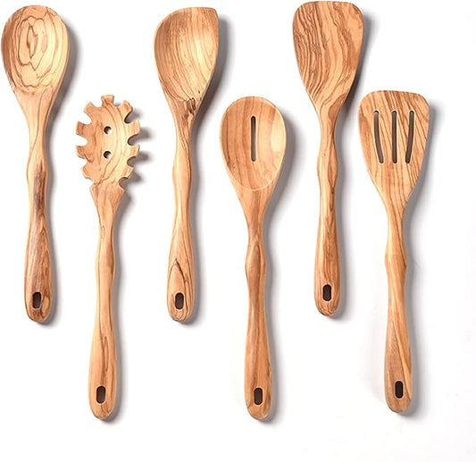 Gudamaye 12 inch Olive Wooden Utensils for Cooking, Long Handle Wooden Spoons, 6 Pieces Crafting Wooden Spoon Set, Natural Olive Wood Kitchen Utensil Set
