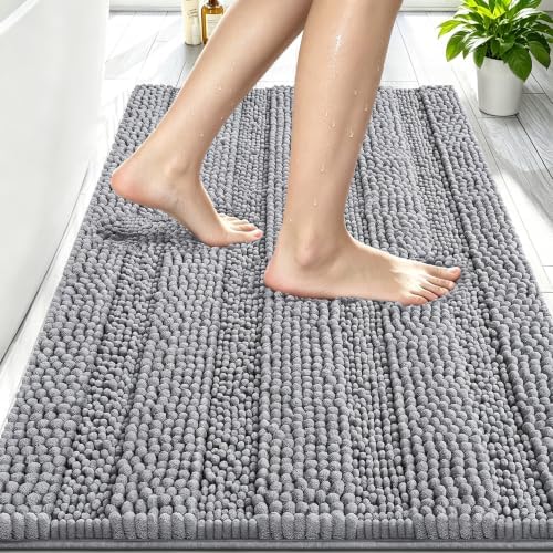 Smiry Thick Chenille Bathroom Rugs 30x20, Soft Absorbent Bath Mat, Grey