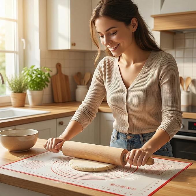 Rolling Pin Set for Baking, Wooden Dough Roller with a 24×16 Inch Silicone Mat and Stand, Kitchen Pastry Baking Accessories for Pie Crust, Cookies, Pizza Dough and Bread