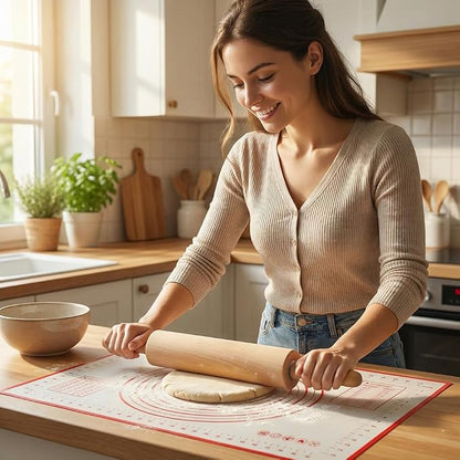 Rolling Pin Set for Baking, Wooden Dough Roller with a 24×16 Inch Silicone Mat and Stand, Kitchen Pastry Baking Accessories for Pie Crust, Cookies, Pizza Dough and Bread