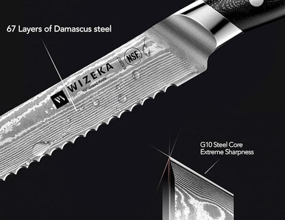 WIZEKA 10 inch Damascus Serrated Bread Knife for Homemade Bread: Razor Sharp VG10 Damascus Steel Multifunction Serrated Knife for Slicing Homemade Bread, Bagels, Cake