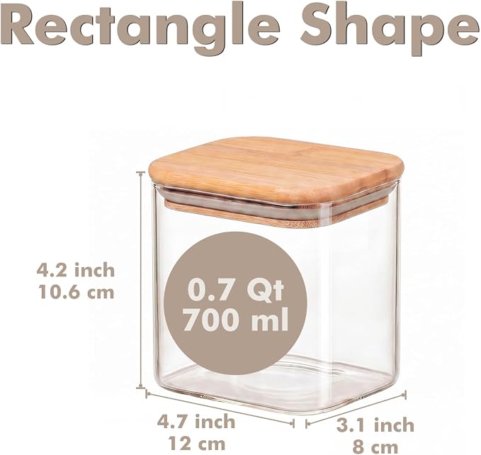 6-Pack 0.7Qt Small Rectangle Glass Storage Jars with Bamboo Lids | Minimalist Kitchen Organizer,Pantry Storage Container,Food Storage Container,Scandinavian Style Storage,Nordic Style Storage
