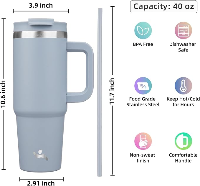 Konokyo 40 oz Tumbler with Handle and 2 Straws,2 in 1 Lid Insulated Water Bottle Stainless Steel Travel Coffee Mug,Lavender