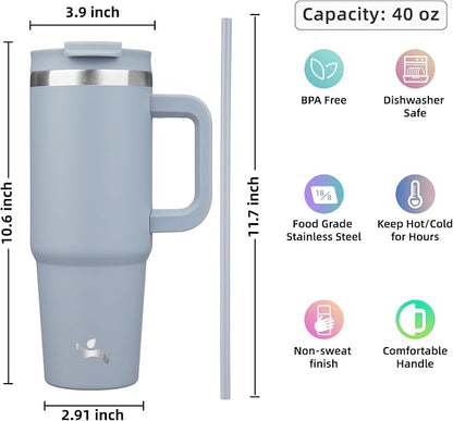 Konokyo 40 oz Tumbler with Handle and 2 Straws,2 in 1 Lid Insulated Water Bottle Stainless Steel Travel Coffee Mug,Lavender