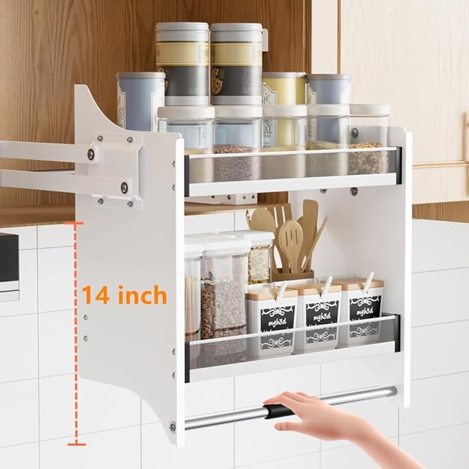 Pull Down Shelf, Kitchen Wall Cabinet Upper Storage Organizer, 2 Tier Kitchen Shelf Spice Rack, 22-24 Inch Width, White