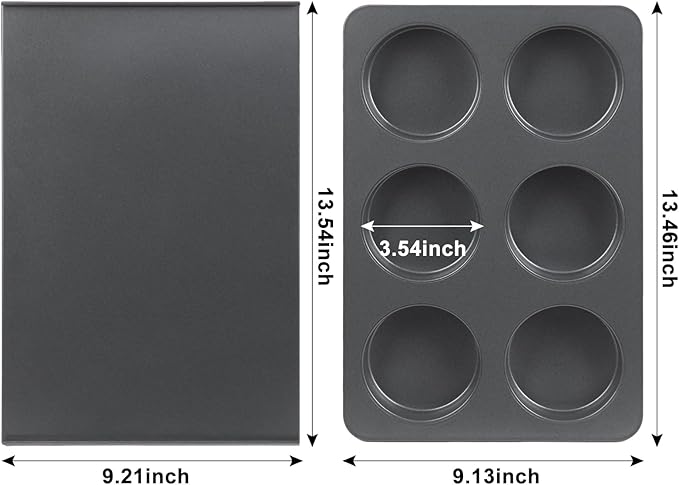 6 Cup Muffin Pan with Lid, Carbon Steel Non Stick Cupcake Pans for Baking, 9 x 13 Inch Even Crical Deep Baking Pan for Cup Cake, English Muffin, Whoopie Pie, Hamburger Buns