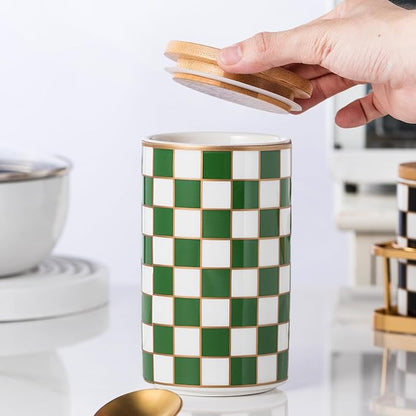 Kitchen Countertop Ceramic Checkered Canisters,Black And White Food Storage Containers With Lid,Airtight Kitchen Canisters for Flour, Sugar, Coffee, Tea, and Dry Goods (Green, Large)