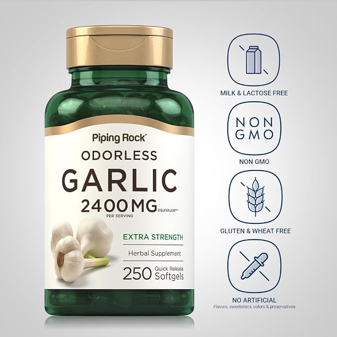 Piping Rock Odorless Garlic Supplement | 250 Softgels | Herbal Extract for Women and Men | Extra Strength | Non-GMO, Gluten Free
