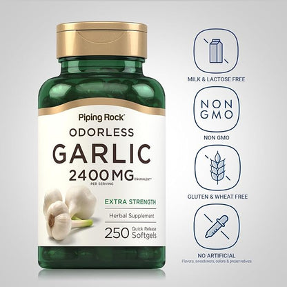 Piping Rock Odorless Garlic Supplement | 250 Softgels | Herbal Extract for Women and Men | Extra Strength | Non-GMO, Gluten Free
