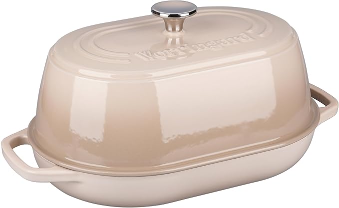 VORRINGARD Enameled Cast Iron Dutch Oven Pot with Dome Lid, Oval Bread Oven for Homemade Sourdough Bread Baking, Oven Safe up to 500°F, 6 Quart, Latte