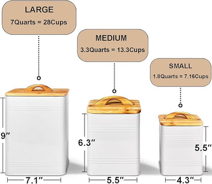 vensovo Kitchen Canister Set of 3 - Large 7 Qt Flour and Sugar Containers Airtight - White Metal Food Storage Jars with Bamboo Lids, Iron Spoon & Erasable Magnetic Labels, Farmhouse Decor for Pantry