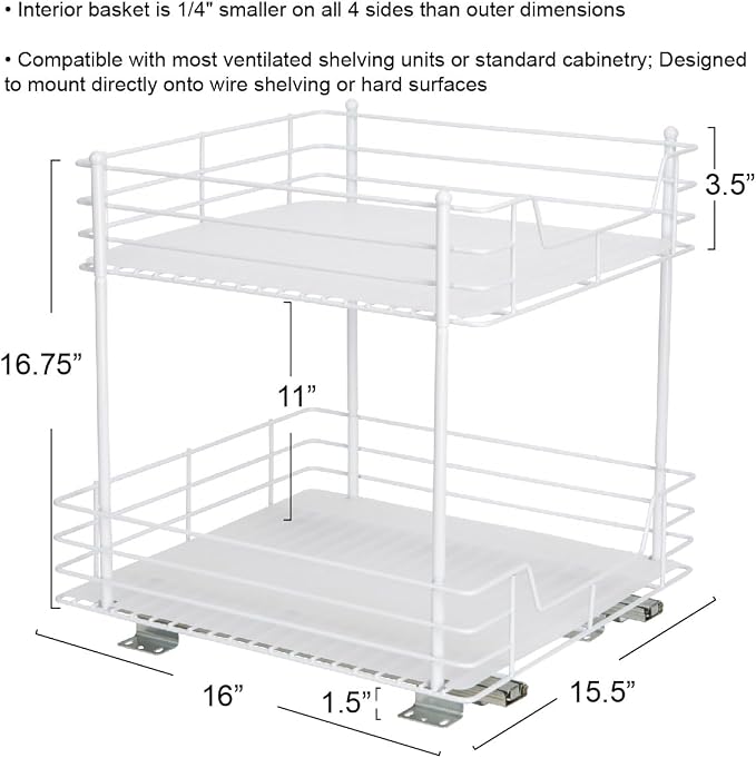 Household Essentials White Steel Two-Tier Pantry Organizer with Clean Lined Plastic Accents