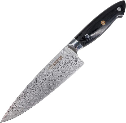 Ketuo Professional Chef Knife Damascus Carbon Steel with Laser Pattern Blade and Black Pakka Wood (8 Inch Chef Knife)