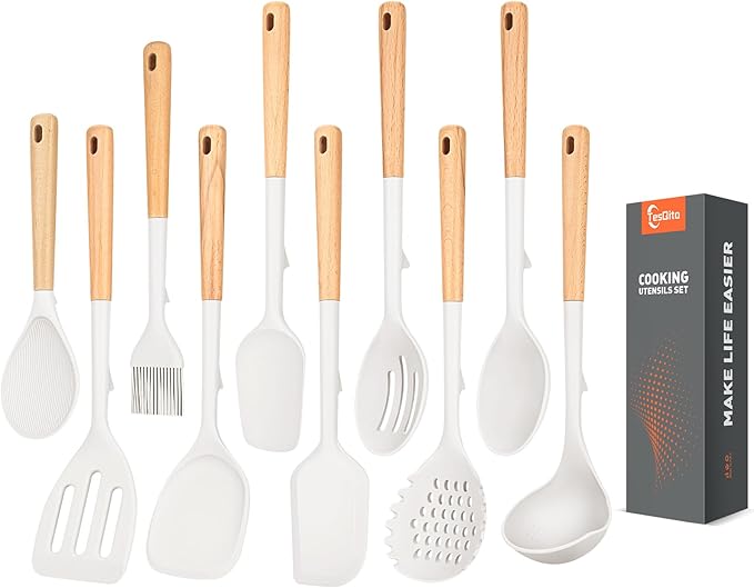 Silicone Cooking Utensils Set of 10 with Wooden Handle,No Scratch for Nonstick Cookware,Slotted Spoon&Spatula,Solid Spoon&Spatula,Large Measuring Ladle,Brush,Rice Paddle,Baking Turner&Flipper (White)