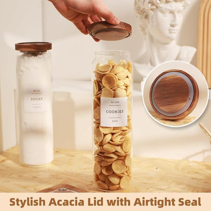 3 Pack Glass Canisters with Airtight Acacia Lids and 132 Kitchen Pantey Labels Preprint - 51 Fl Oz Borosilicate Glass Pantry Storage Jars Containers with Wooden Lids for Pasta,Spaghetti,Cereal,Noodles