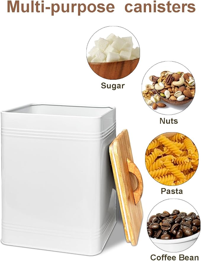 vensovo Kitchen Canister Set of 3 - Large 7 Qt Flour and Sugar Containers Airtight - White Metal Food Storage Jars with Bamboo Lids, Iron Spoon & Erasable Magnetic Labels, Farmhouse Decor for Pantry