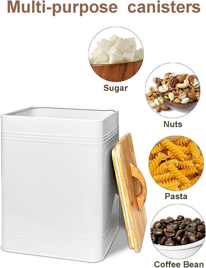vensovo Kitchen Canister Set of 3 - Large 7 Qt Flour and Sugar Containers Airtight - White Metal Food Storage Jars with Bamboo Lids, Iron Spoon & Erasable Magnetic Labels, Farmhouse Decor for Pantry