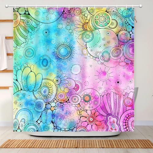 Watercolor Shower Curtain, Doodle Painting Shower Curtain Waterproof Shower Curtain Sets for Bathroom with 12 Hooks Polyester Fabric Machine Washable Home Office Decor Bath Curtain