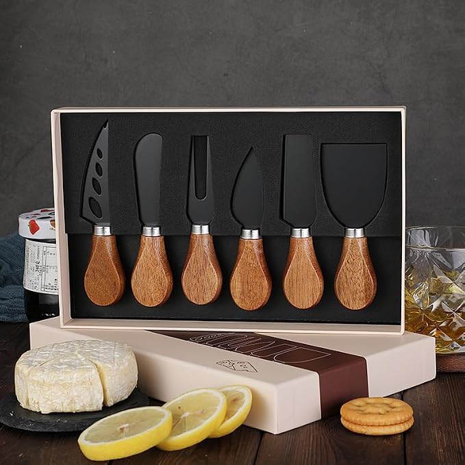 6 Piece Cheese Knives Set with Wooden Handle, Mini Steel Stainless Cheese knife set for Charcuterie and Cheese spread, Perfect for Cheese Slicer and Butter Cutter (Acacia-Black Box)