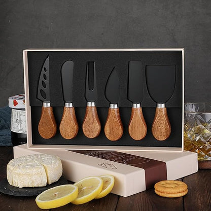 6 Piece Cheese Knives Set with Wooden Handle, Mini Steel Stainless Cheese knife set for Charcuterie and Cheese spread, Perfect for Cheese Slicer and Butter Cutter (Acacia-Black Box)
