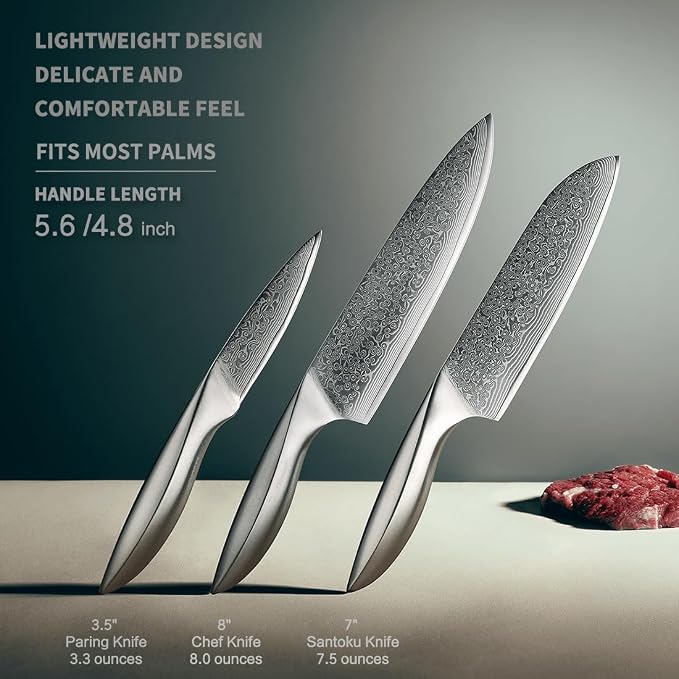 3 PCS Damascus Chef Knife Set, Ultra-Smooth Cutting Experience and Professional Grade Sharp, Kitchen Knife Set,Handle Ergonomic Design,9CR18MOV High Carbon Stainless Steel,Dishwasher Safe