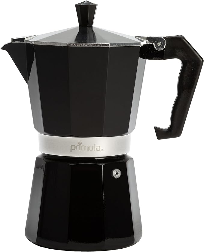 Primula Classic Moka Pot Stovetop Espresso and Coffee Maker, Italian and Cuban Cafetera for Rich Espresso Brewing, Durable Aluminum Greca Coffee Maker with Easy Grip Handle, 6-Cup, Black