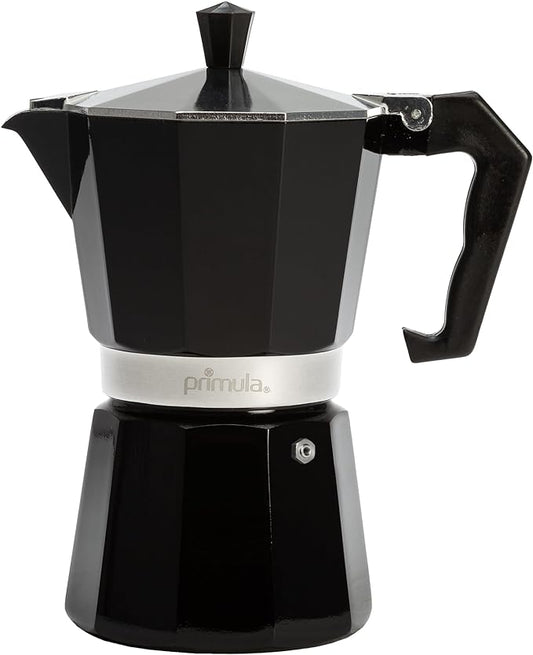 Primula Classic Moka Pot Stovetop Espresso and Coffee Maker, Italian and Cuban Cafetera for Rich Espresso Brewing, Durable Aluminum Greca Coffee Maker with Easy Grip Handle, 6-Cup, Black