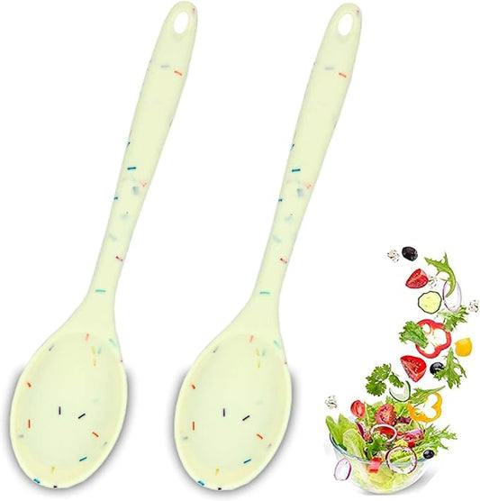 2 Pcs Silicone Spoons for Cooking Heat Resistant, Hygienic Design Cooking Utensi Rubber Spoons for Kitchen Cooking Baking Stirring Mixing Tools (Rainbow White)