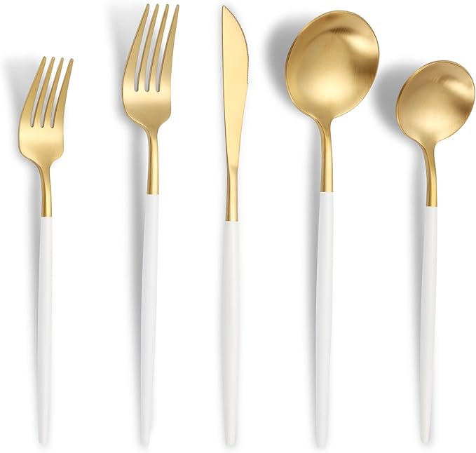 Lemeya Matte White Gold Silverware Set for 8,Modern Stainless Steel Brushed Cutlery Set,40-Pieces Heavy Duty Flatware Set,Knives Spoons and Forks Set Utensils Set, Satin Finish, Dishwasher Safe