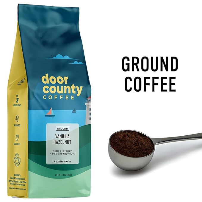 Door County Coffee Vanilla Hazelnut Flavored Ground - 10 oz Bag - Flavored Ground Medium Roast - 100% Specialty Arabica - Flavored Gourmet - Vanilla Hazelnut Flavor