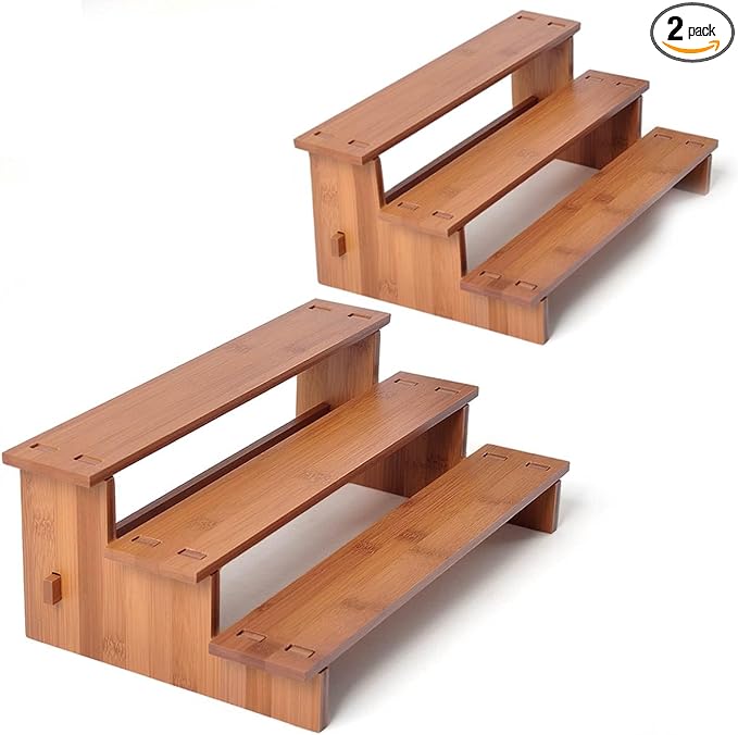 JinDoWin Cabinet Spice Organizer, Spice Organization for Cabinet, 3 Tier Spice Rack Organizer for Cabinet, Seasoning Organizer & Seasoning Rack, Kitchen Cabinet Organizer (2, Dark Bamboo)
