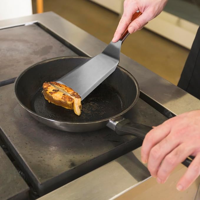 professional metal spatula Ideal for Cast Iron Skillets and Flat Top Grills, Full Tang Wooden Handle,1.8mm Thick Stainless Steel Blade, Perfect for Cooking, BBQ, Flipping Burgers, 5x3 inch
