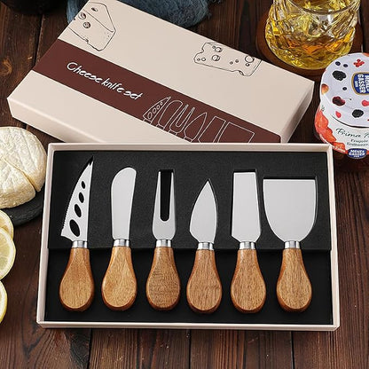 6-Piece Stainless Steel Cheese Knife Set with Slicer, Cutter, Fork and Spreader, Ideal for Charcuterie Boards and Elegant Cutlery Gift Collection (Acacia-Box)