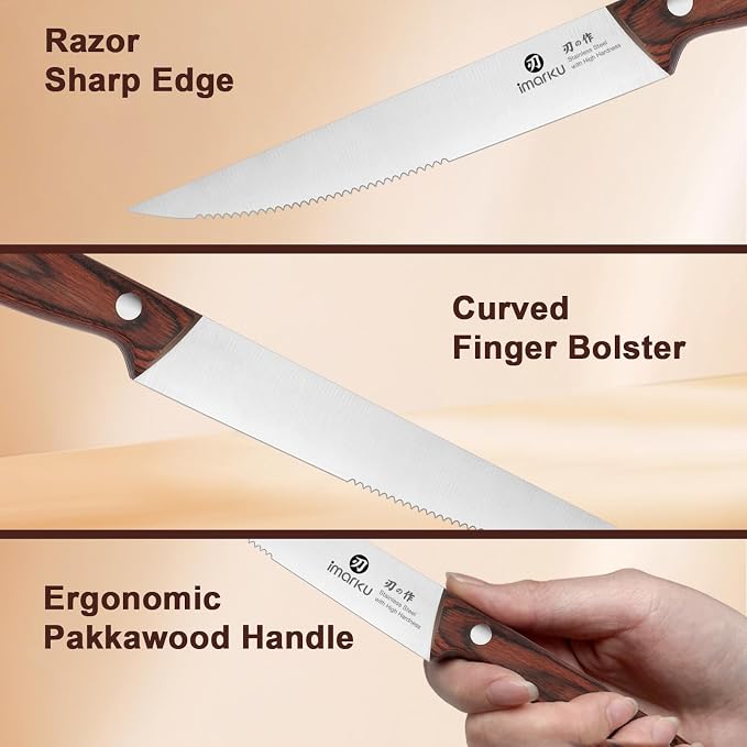 imarku Steak Knives Set of 6, 9-Inch Serrated Steak Knife Set, Japanese High Carbon Stainless Steel, Razor-Sharp Blades with Gift Box