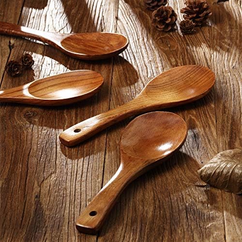 Patelai 4 Pieces 9 Inch Wooden Spoons for Cooking Eating with Long Handle, Nonstick Heat-resistant Serving Salad Stirring Soup Rice Paddle for Serving Kitchen Cooking Home Table Scooper