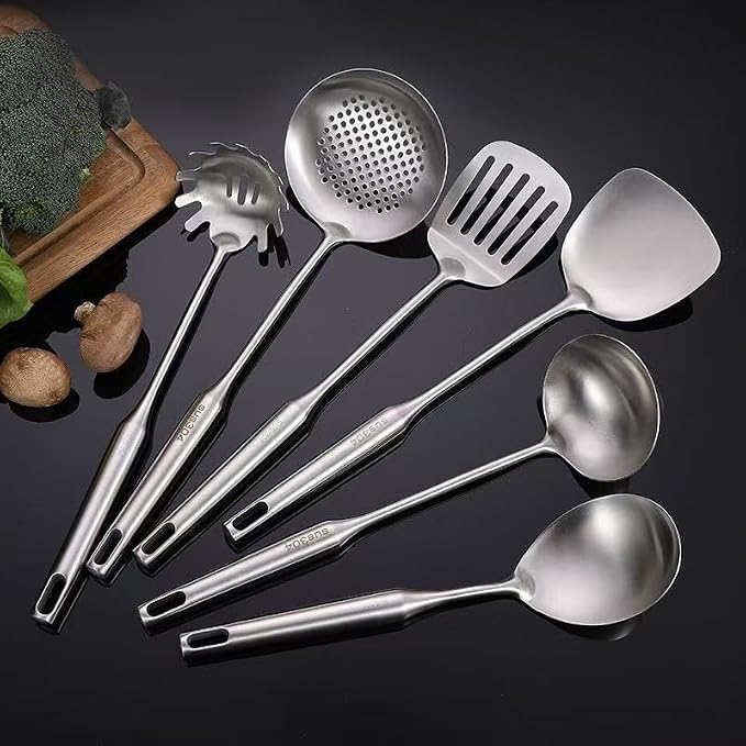 Premium 7-Piece Gold Kitchen Utensil Set with Stand, Stainless Steel Cooking Tools- Dishwasher Safe Ladle, Spoon, Spatula, Pasta Fork, Luxury Brass Kitchen Accessories for Home Chefs (silvery)