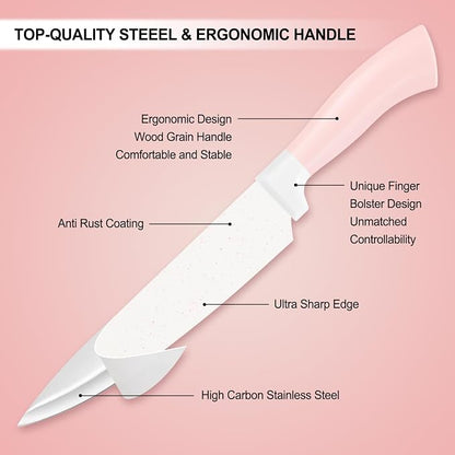 Knife Set, 15 Pcs Pink Kitchen Knife Set, Anti-Rust Non Stick Stainless Steel Sharp Pink Chef Knife Sets with Block, Ergonomic Non-slip Handle Knife Block Set with Steak Knife, Bread Knife, Scissors