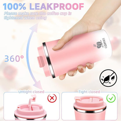 Insulated Travel Coffee Mug Reusable Coffee Tumbler Cup with Flip Lid Leak Proof Spill Proof for Office School Party Camping Hot and Cold Drink,Stainless Steel 17oz (Pink)