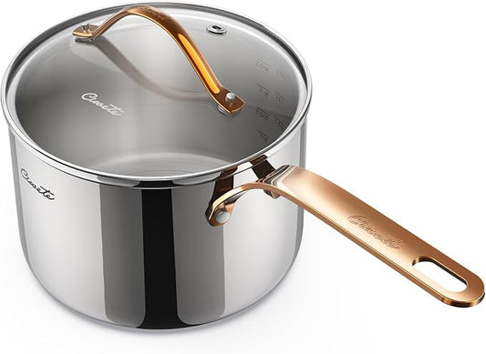 Ciwete 3 Quart Sauce Pan with Lid, Upgraded Tri-Ply Stainless Steel Saucepan with Mirror Polishing and 2 Scales, Induction Ready Cooking Pot with Stay-Cool Brass Handle, Dishwasher & Oven Safe