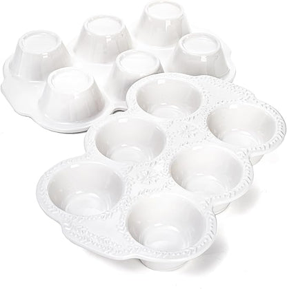 Hiceeden 2 Pack 6-Cup Ceramic Muffin Pan, Nonstick Cupcake Baking Pans with Handle, Ceramic Muffin Tin with Embossed Pattern for Muffin, Cupcake, White