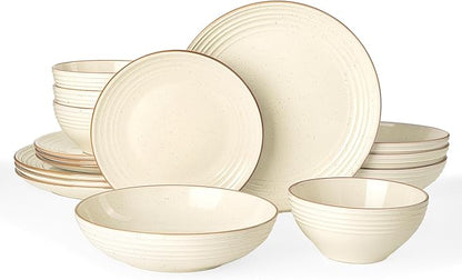 Famiware Jupiter 16-Piece Stoneware Dinnerware Ses - Includes Pasta Bowl & Dinner Plate, Handcrafted Dishes with Speckles & Embossed Swirls, Chip & Scratch Resistant, Service for 4, Vanilla White