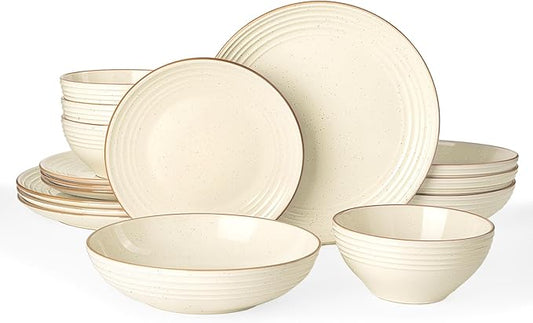 Famiware Jupiter 16-Piece Stoneware Dinnerware Ses - Includes Pasta Bowl & Dinner Plate, Handcrafted Dishes with Speckles & Embossed Swirls, Chip & Scratch Resistant, Service for 4, Vanilla White