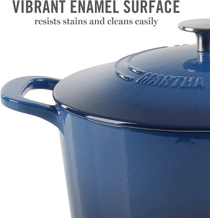 MARTHA STEWART Gatwick 7-Quart Enamel Cast Iron Dutch Oven Pot with Lid – Classic Blue – Durable Heavy-Duty Dutch Oven for Slow Cooking, Braising & Baking