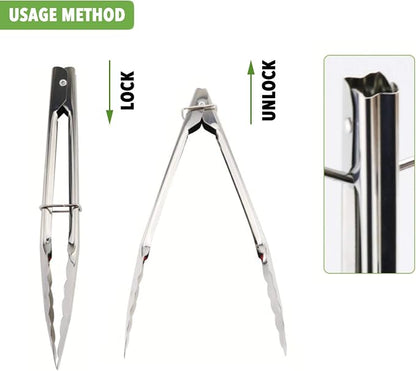 HINMAY 7-Inch Small Stainless Steel Serving Tongs, Set of 3 (Silver) | 7-Inch Mini Metal Salad Tongs