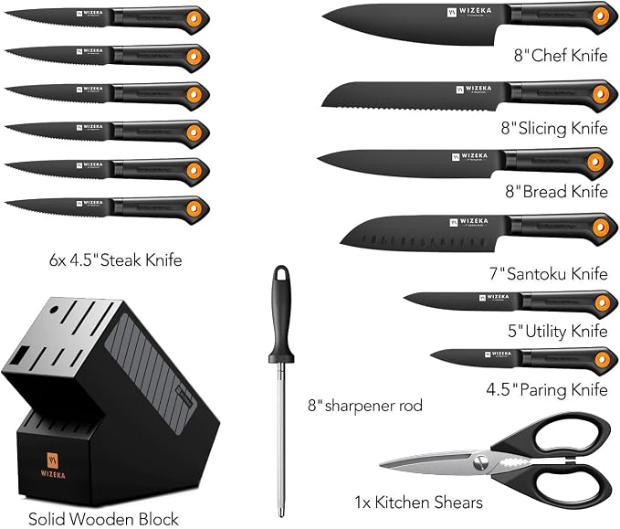 Knife Set, WIZEKA 15 Pieces Knife Sets for Kitchen with Block, Dishwasher Safe Kitchen Knife Set, Extremely sharp Stainless Steel Knife Block Set, Dark Vision Series