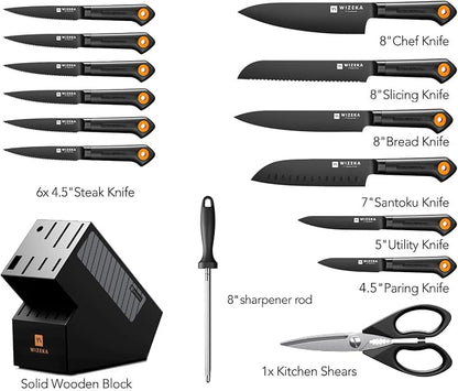 Knife Set, WIZEKA 15 Pieces Knife Sets for Kitchen with Block, Dishwasher Safe Kitchen Knife Set, Extremely sharp Stainless Steel Knife Block Set, Dark Vision Series