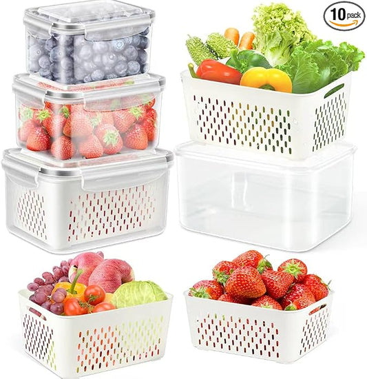 4 Pack Fruit Storage Containers for Fridge Keep Fresh - BPA Free Fresh Food Containers with Removable Colander, Produce Saver Keeper for Berry Lettuce Vegetables, Salad, Dishwasher & Microwave Safe