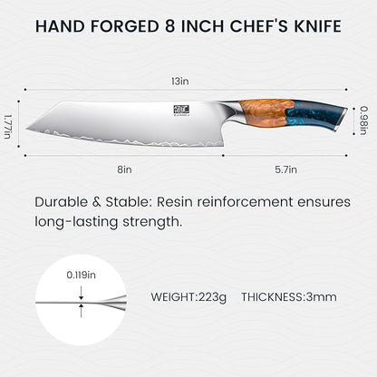 Chef Knife, 8-inch Hand Forged Professional Kitchen Knife with Japanese 10Cr15MoV Stainless Steel Gyuto Knife with Blue Ergonomic Handle, Razor-Sharp Cooking Knife in Gift Box