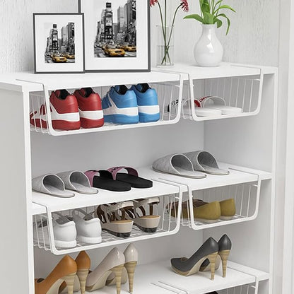Under Shelf Storage Basket, Hanging shelf basket Slides Under Shelves for Storage Metal Under Cabinet Shelf Basket Organizer Space Saving for Kitchen Pantry Desk Bookshelf (White Pack of 2)